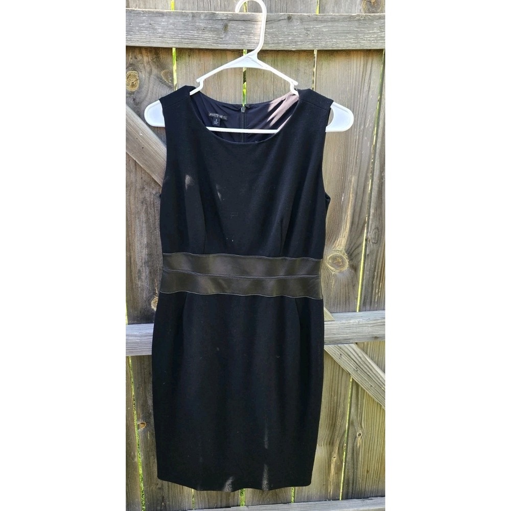 Lafayette 148 New York Black Sleeveless Sheath Knee-Length Dress Leather Waist 2